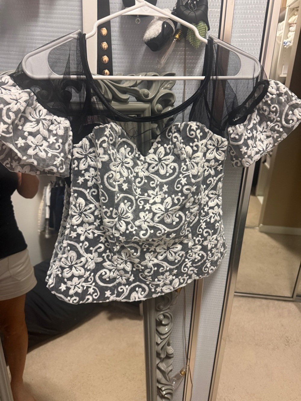 Women's Black Lace-Trim Floral Embroidered Top